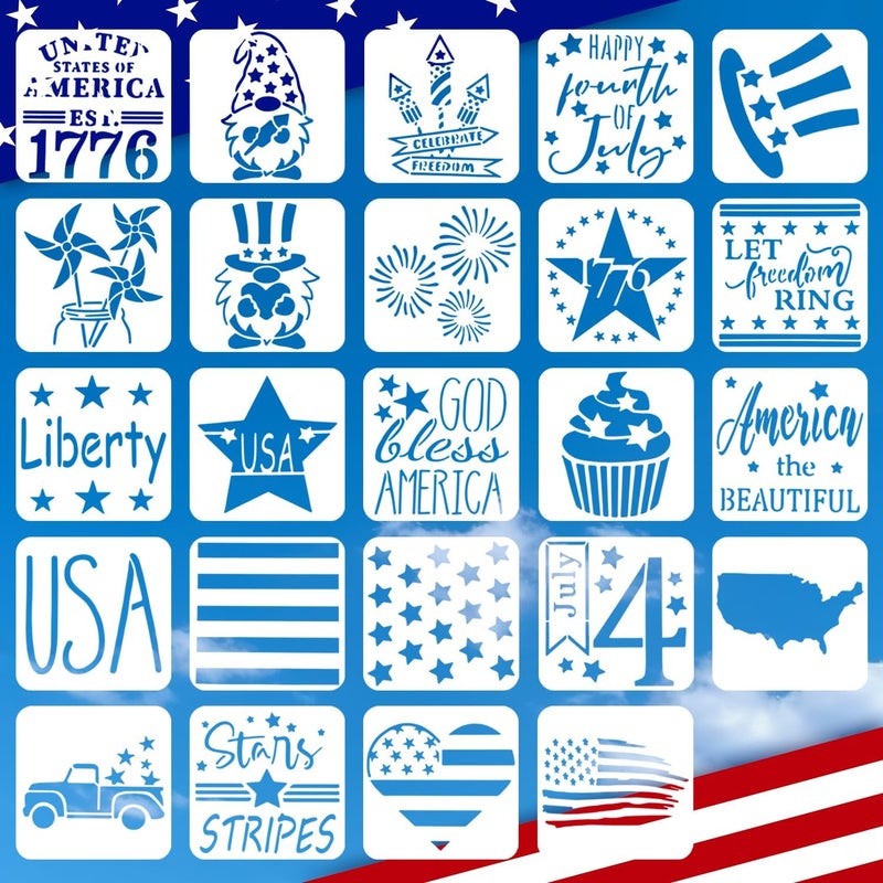 Resflyar Patriotic Stencils, 24 PCS Reusable 4th of July Stencils Independence Day Templates for Painting American Flag Scrapbooking Wall Floor Home Decor DIY Rock Painting Art Projects 3 x 3 Inch - Image 1